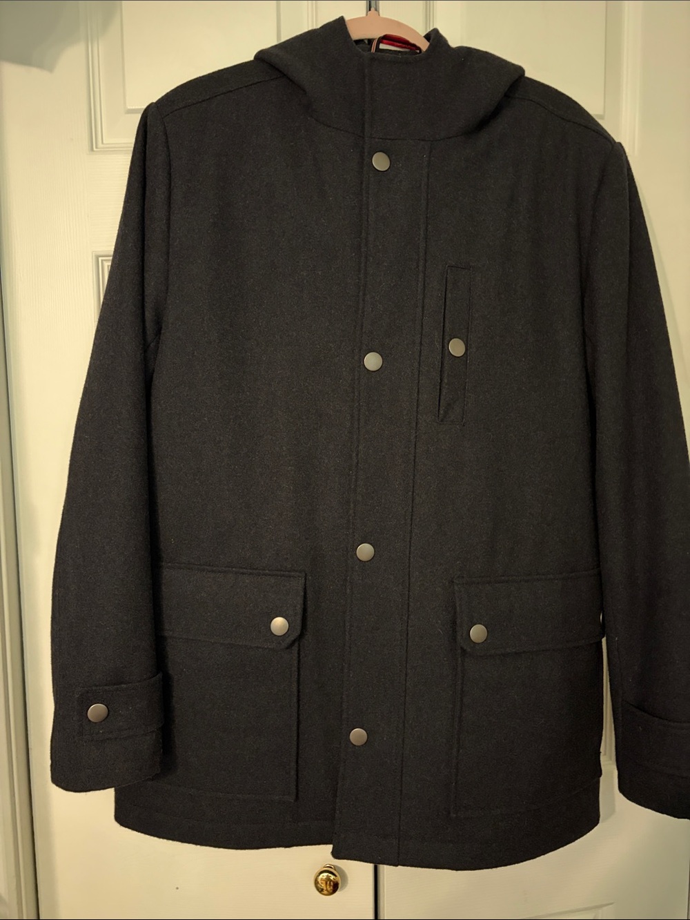 Kenneth Cole Hooded Wool Blend Coat Zips And Has Snap Front Placket Size Medium